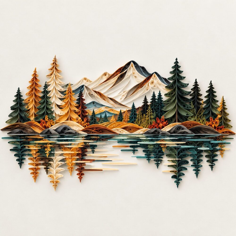8x8 Black Framed Quilled Mountain Lake Print | Autumn Forest Landscape Wall Art